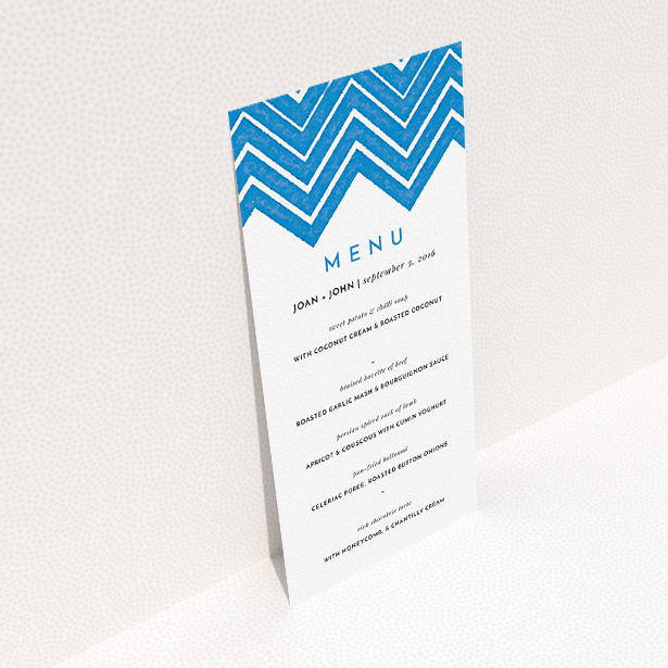 A wedding menu card design titled "Skiapthos". It is a tall (DL) menu in a portrait orientation. "Skiapthos" is available as a flat menu, with tones of blue and white.