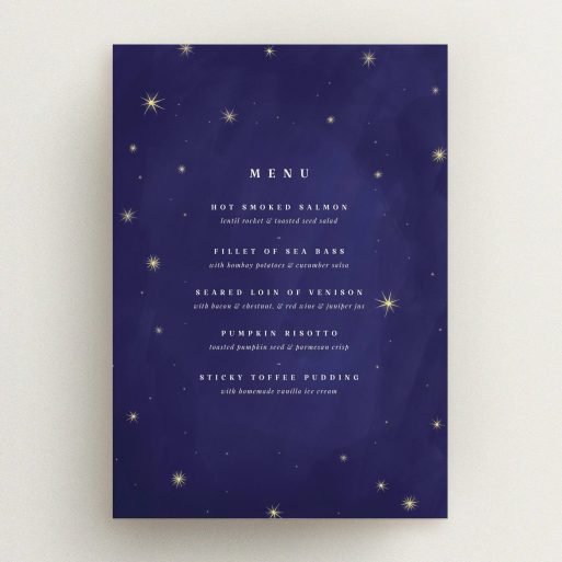 Wedding Menu Card Design - "Sky at night" A wedding menu card named "Sky at night". It is an A5 menu in a portrait orientation. "Sky at night" is available as a flat menu, with tones of blue and gold.