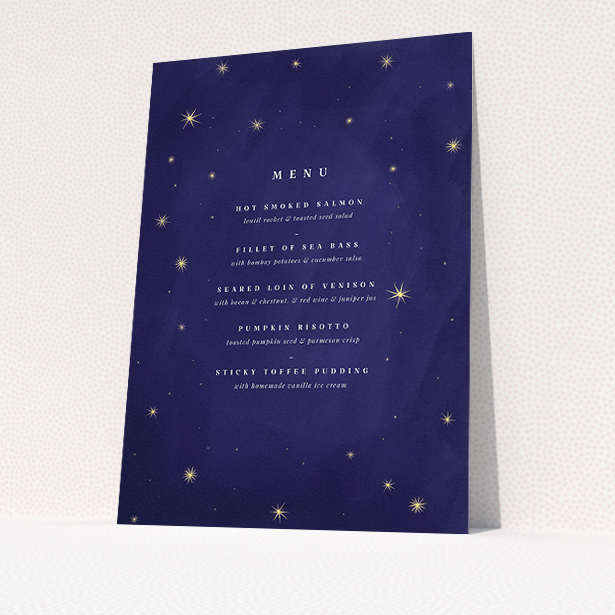 A wedding menu card named "Sky at night". It is an A5 menu in a portrait orientation. "Sky at night" is available as a flat menu, with tones of blue and gold.