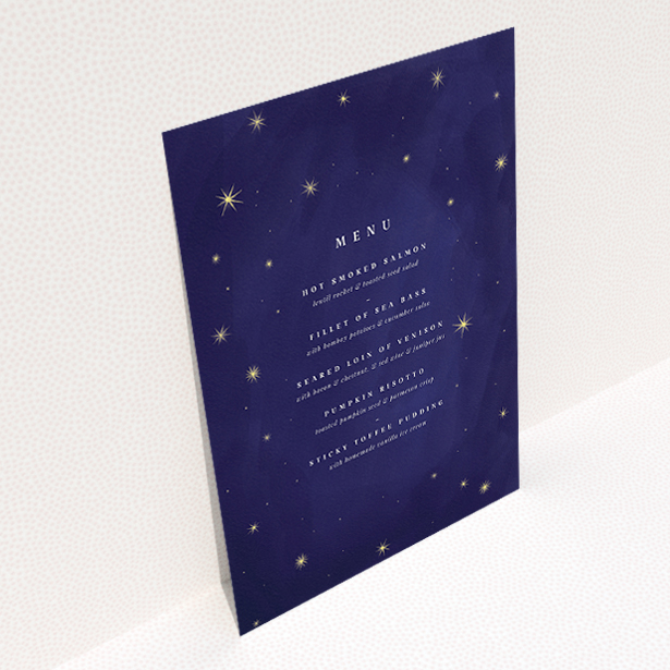 A wedding menu card named "Sky at night". It is an A5 menu in a portrait orientation. "Sky at night" is available as a flat menu, with tones of blue and gold.