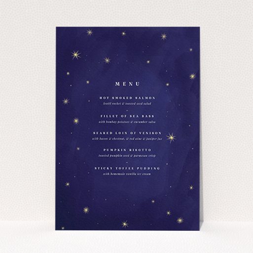 A wedding menu card design called "Sky at night". It is an A6 menu in a portrait orientation. "Sky at night" is available as a flat menu, with tones of blue and gold.