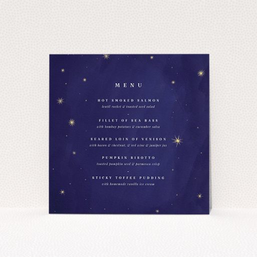 A wedding menu card named "Sky at night". It is a square (148mm x 148mm) menu in a square orientation. "Sky at night" is available as a flat menu, with tones of blue and gold.