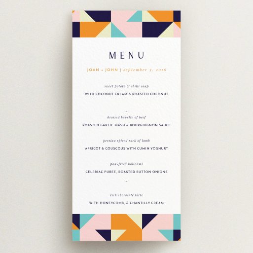Wedding Menu Card Design - "Sloane Squares" A wedding menu card named "Sloane Squares". It is a tall (DL) menu in a portrait orientation. "Sloane Squares" is available as a flat menu, with mainly orange colouring.