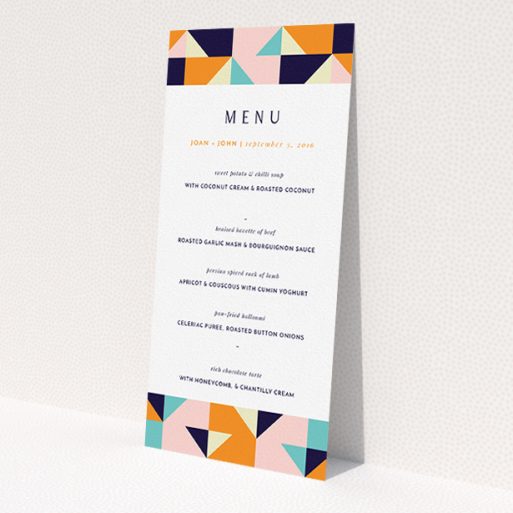 A wedding menu card named 'Sloane Squares'. It is a tall (DL) menu in a portrait orientation. 'Sloane Squares' is available as a flat menu, with mainly orange colouring.