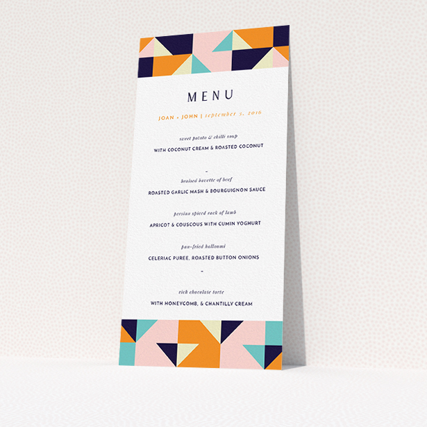 A wedding menu card named "Sloane Squares". It is a tall (DL) menu in a portrait orientation. "Sloane Squares" is available as a flat menu, with mainly orange colouring.