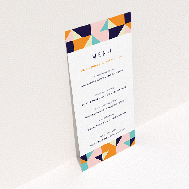 A wedding menu card named "Sloane Squares". It is a tall (DL) menu in a portrait orientation. "Sloane Squares" is available as a flat menu, with mainly orange colouring.