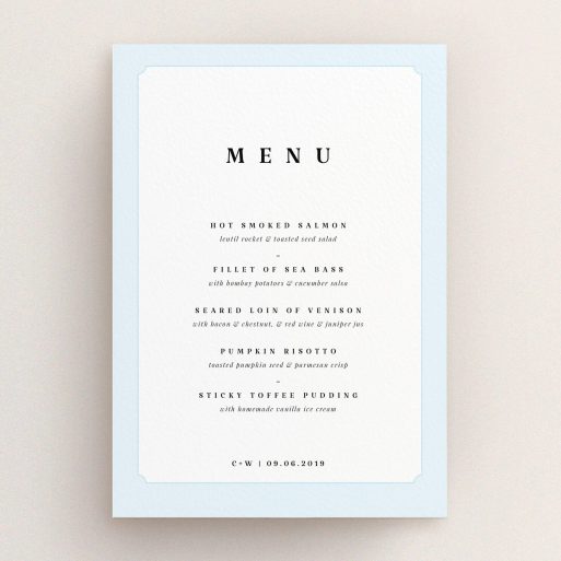 Wedding Menu Card - Square Slant (Light Blue) A wedding menu card named "Square slant". It is an A5 menu in a portrait orientation. "Square slant" is available as a flat menu, with tones of blue and white.