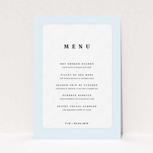 A wedding menu card named "Square slant". It is an A5 menu in a portrait orientation. "Square slant" is available as a flat menu, with tones of blue and white.