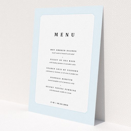 A wedding menu card named 'Square slant'. It is an A5 menu in a portrait orientation. 'Square slant' is available as a flat menu, with tones of blue and white.