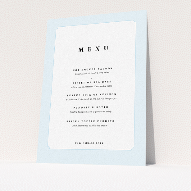 A wedding menu card named "Square slant". It is an A5 menu in a portrait orientation. "Square slant" is available as a flat menu, with tones of blue and white.