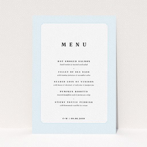 A wedding menu card design called "Square slant". It is an A6 menu in a portrait orientation. "Square slant" is available as a flat menu, with tones of blue and white.