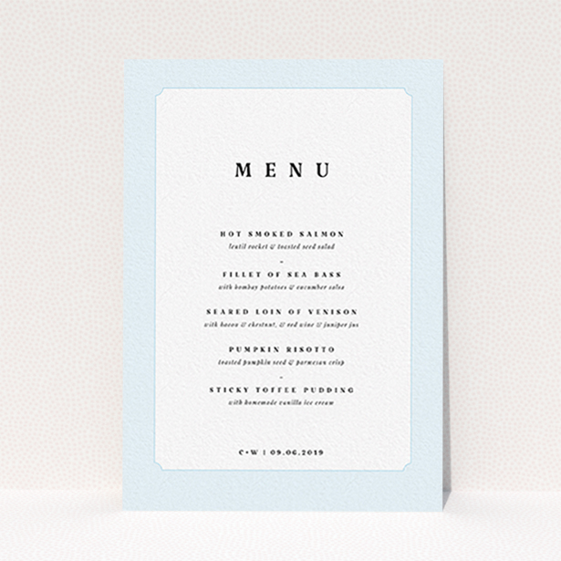 A wedding menu card design called "Square slant". It is an A6 menu in a portrait orientation. "Square slant" is available as a flat menu, with tones of blue and white.