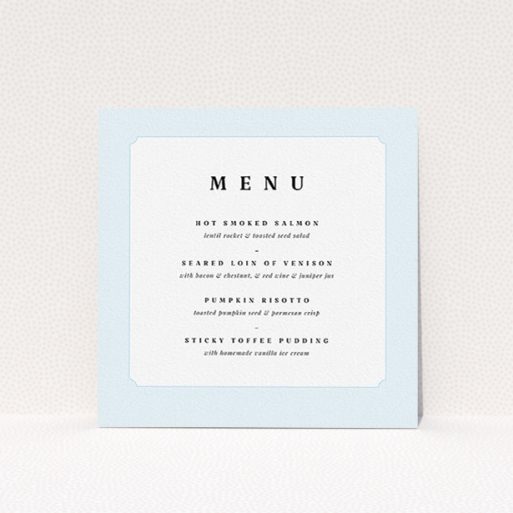 A wedding menu card design named "Square slant". It is a square (148mm x 148mm) menu in a square orientation. "Square slant" is available as a flat menu, with tones of blue and white.