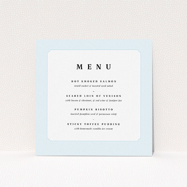 A wedding menu card design named "Square slant". It is a square (148mm x 148mm) menu in a square orientation. "Square slant" is available as a flat menu, with tones of blue and white.
