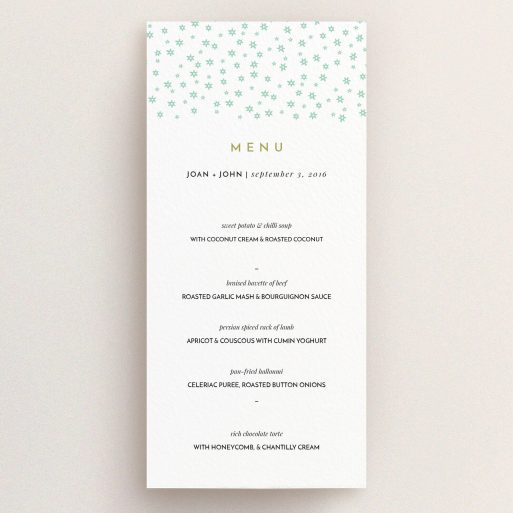 Wedding Menu Card Design - "Stars at night" A wedding menu card template titled "Stars at night". It is a tall (DL) menu in a portrait orientation. "Stars at night" is available as a flat menu, with mainly green colouring.