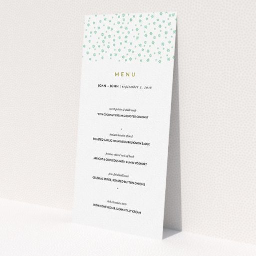 A wedding menu card template titled 'Stars at night'. It is a tall (DL) menu in a portrait orientation. 'Stars at night' is available as a flat menu, with mainly green colouring.