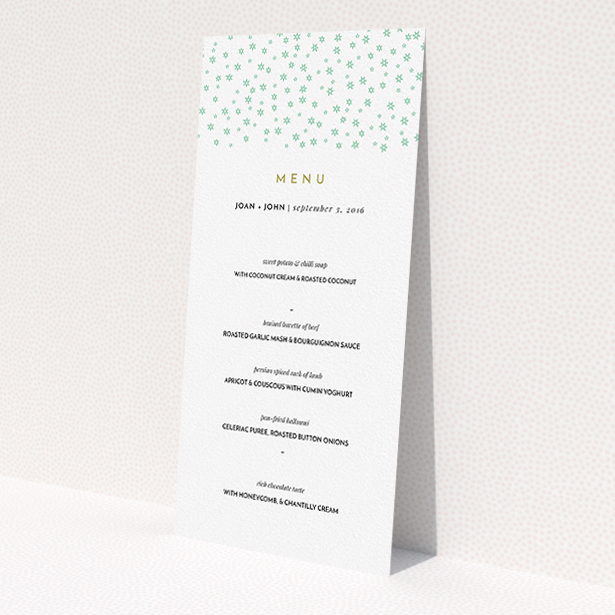 A wedding menu card template titled "Stars at night". It is a tall (DL) menu in a portrait orientation. "Stars at night" is available as a flat menu, with mainly green colouring.