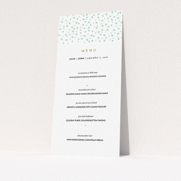 A wedding menu card template titled "Stars at night". It is a tall (DL) menu in a portrait orientation. "Stars at night" is available as a flat menu, with mainly green colouring.