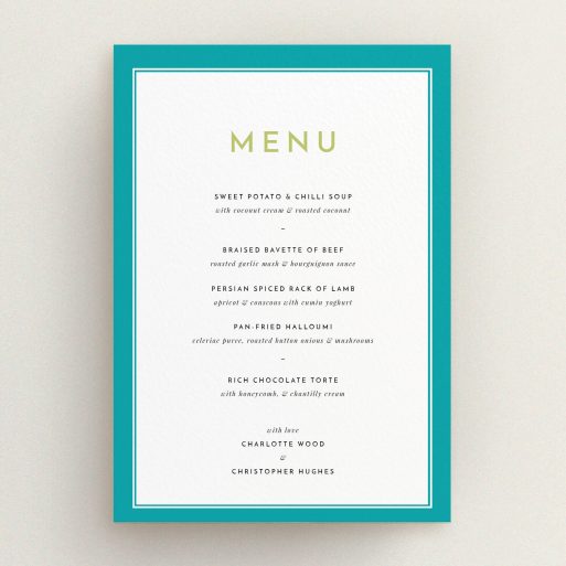 Wedding Menu Card Design - "Striking Blue Border" A wedding menu card design called "Striking Blue Border". It is an A5 menu in a portrait orientation. "Striking Blue Border" is available as a flat menu, with tones of green and white.