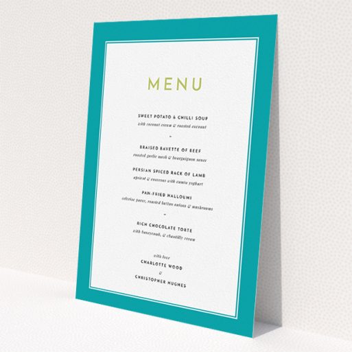 A wedding menu card design called 'Striking Blue Border'. It is an A5 menu in a portrait orientation. 'Striking Blue Border' is available as a flat menu, with tones of green and white.