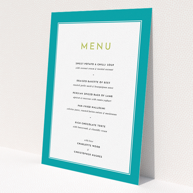 A wedding menu card design called "Striking Blue Border". It is an A5 menu in a portrait orientation. "Striking Blue Border" is available as a flat menu, with tones of green and white.