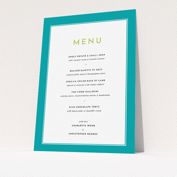A wedding menu card design called "Striking Blue Border". It is an A5 menu in a portrait orientation. "Striking Blue Border" is available as a flat menu, with tones of green and white.