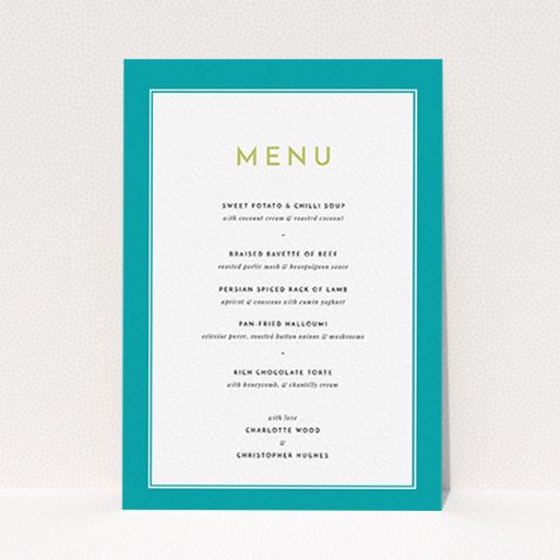 A wedding menu card template titled "Striking Blue Border". It is an A6 menu in a portrait orientation. "Striking Blue Border" is available as a flat menu, with tones of green and white.