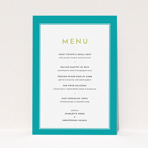 A wedding menu card template titled "Striking Blue Border". It is an A6 menu in a portrait orientation. "Striking Blue Border" is available as a flat menu, with tones of green and white.