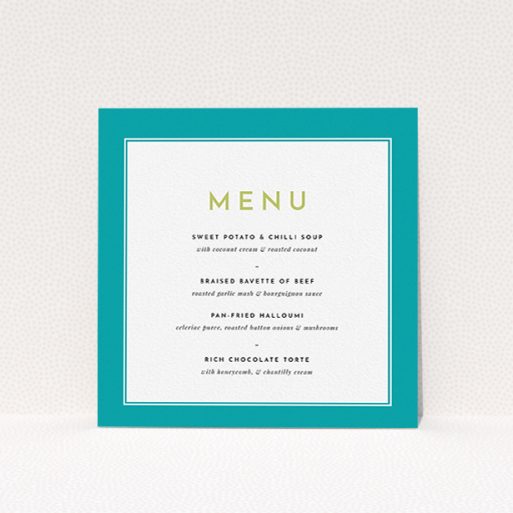 A wedding menu card called "Striking Blue Border". It is a square (148mm x 148mm) menu in a square orientation. "Striking Blue Border" is available as a flat menu, with tones of green and white.