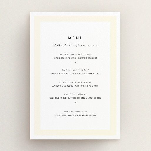 Wedding Menu Card Design - "Subtle Cream Border" A wedding menu card design called "Subtle Cream Border". It is an A5 menu in a portrait orientation. "Subtle Cream Border" is available as a flat menu, with mainly cream colouring.