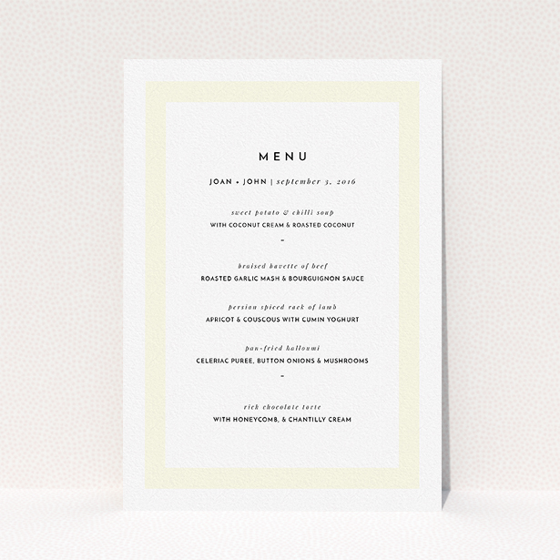 A wedding menu card design called "Subtle Cream Border". It is an A5 menu in a portrait orientation. "Subtle Cream Border" is available as a flat menu, with mainly cream colouring.
