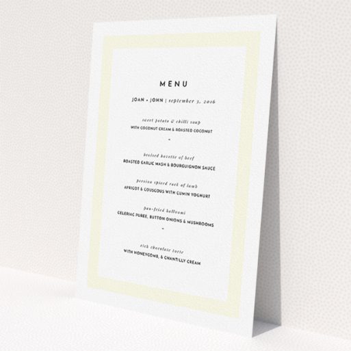 A wedding menu card design called 'Subtle Cream Border'. It is an A5 menu in a portrait orientation. 'Subtle Cream Border' is available as a flat menu, with mainly cream colouring.