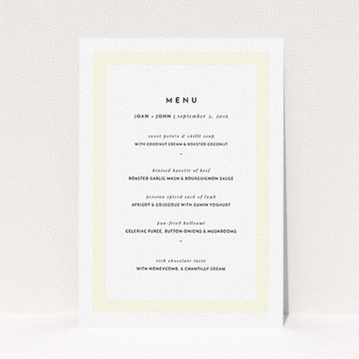 A wedding menu card template titled "Subtle Cream Border". It is an A6 menu in a portrait orientation. "Subtle Cream Border" is available as a flat menu, with mainly cream colouring.