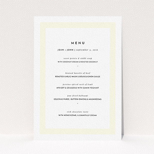 A wedding menu card template titled "Subtle Cream Border". It is an A6 menu in a portrait orientation. "Subtle Cream Border" is available as a flat menu, with mainly cream colouring.