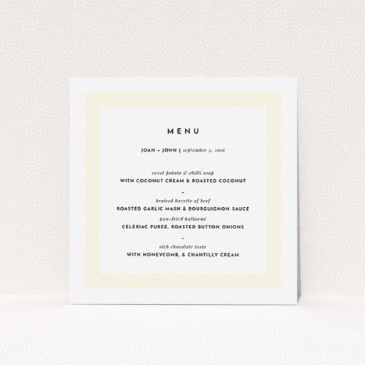 A wedding menu card design called "Subtle Cream Border". It is a square (148mm x 148mm) menu in a square orientation. "Subtle Cream Border" is available as a flat menu, with mainly cream colouring.
