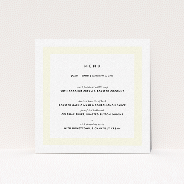 A wedding menu card design called "Subtle Cream Border". It is a square (148mm x 148mm) menu in a square orientation. "Subtle Cream Border" is available as a flat menu, with mainly cream colouring.