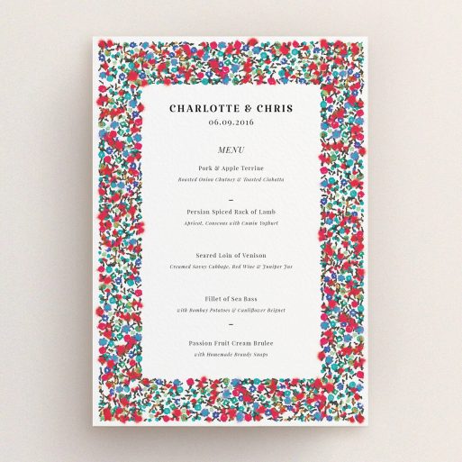 Wedding Menu Card Design - "Summer from a distance" A wedding menu card called "Summer from a distance". It is an A5 menu in a portrait orientation. "Summer from a distance" is available as a flat menu, with tones of white and red.