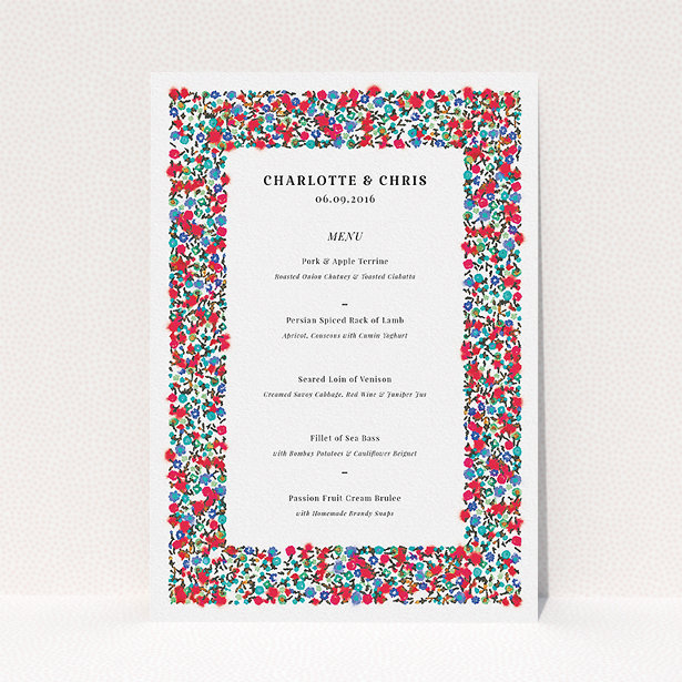 A wedding menu card called "Summer from a distance". It is an A5 menu in a portrait orientation. "Summer from a distance" is available as a flat menu, with tones of white and red.