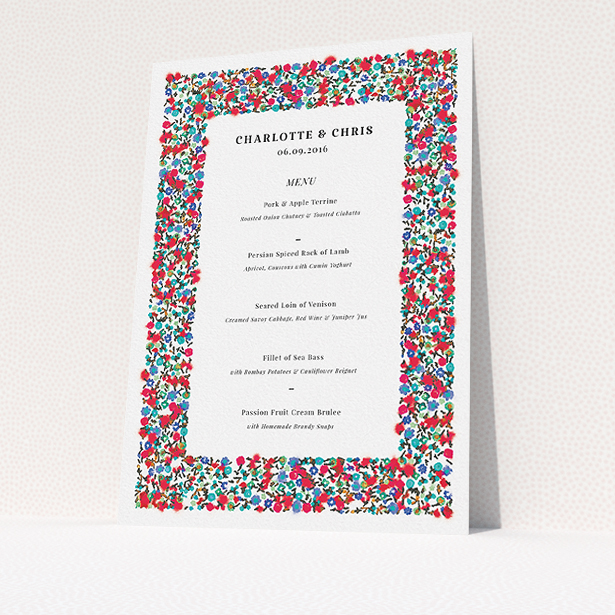 A wedding menu card called "Summer from a distance". It is an A5 menu in a portrait orientation. "Summer from a distance" is available as a flat menu, with tones of white and red.