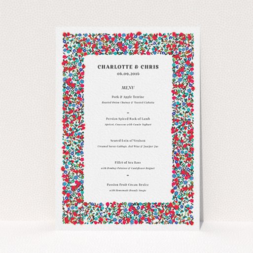 A wedding menu card design titled "Summer from a distance". It is an A6 menu in a portrait orientation. "Summer from a distance" is available as a flat menu, with tones of white and red.