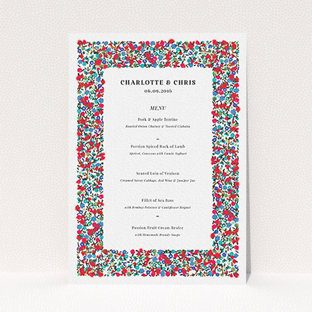 A wedding menu card design titled "Summer from a distance". It is an A6 menu in a portrait orientation. "Summer from a distance" is available as a flat menu, with tones of white and red.
