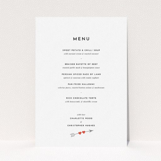 A wedding menu card design called "Thanks Cupid". It is an A5 menu in a portrait orientation. "Thanks Cupid" is available as a flat menu, with tones of white and red.