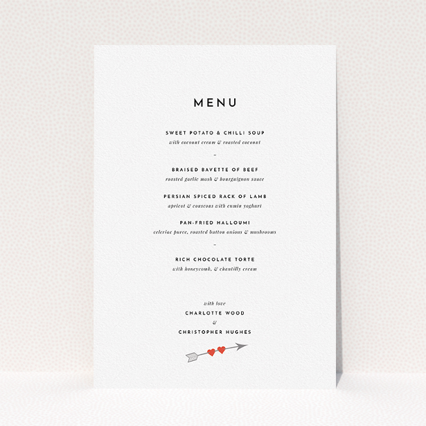 A wedding menu card design called "Thanks Cupid". It is an A5 menu in a portrait orientation. "Thanks Cupid" is available as a flat menu, with tones of white and red.