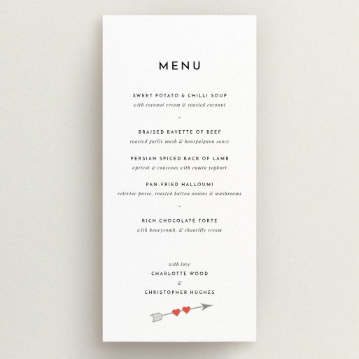 Wedding Menu Card Design - "Thanks Cupid" A wedding menu card design titled "Thanks Cupid". It is a tall (DL) menu in a portrait orientation. "Thanks Cupid" is available as a flat menu, with tones of white and red.