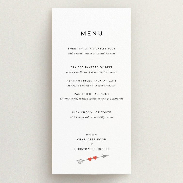 A wedding menu card design titled "Thanks Cupid". It is a tall (DL) menu in a portrait orientation. "Thanks Cupid" is available as a flat menu, with tones of white and red.