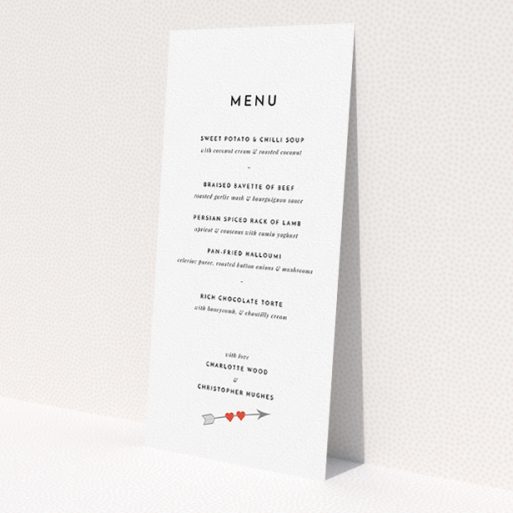 A wedding menu card design titled 'Thanks Cupid'. It is a tall (DL) menu in a portrait orientation. 'Thanks Cupid' is available as a flat menu, with tones of white and red.