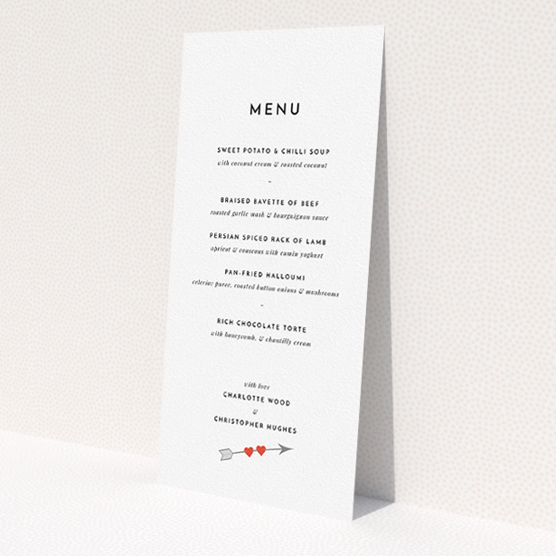 A wedding menu card design titled "Thanks Cupid". It is a tall (DL) menu in a portrait orientation. "Thanks Cupid" is available as a flat menu, with tones of white and red.