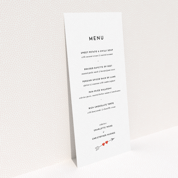 A wedding menu card design titled "Thanks Cupid". It is a tall (DL) menu in a portrait orientation. "Thanks Cupid" is available as a flat menu, with tones of white and red.