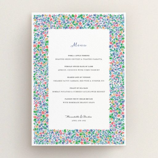Wedding Menu Card Design - "The faraway garden" A wedding menu card design named "The faraway garden". It is an A5 menu in a portrait orientation. "The faraway garden" is available as a flat menu, with tones of white and green.