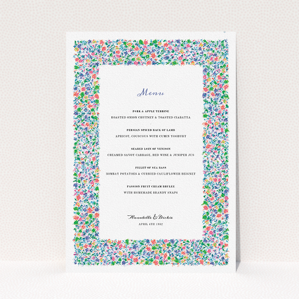 A wedding menu card design named "The faraway garden". It is an A5 menu in a portrait orientation. "The faraway garden" is available as a flat menu, with tones of white and green.